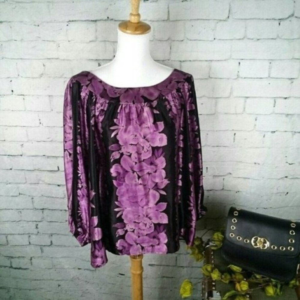 Nanette Lepore Flowy Silk Floral Peasant Top Purple Size 8